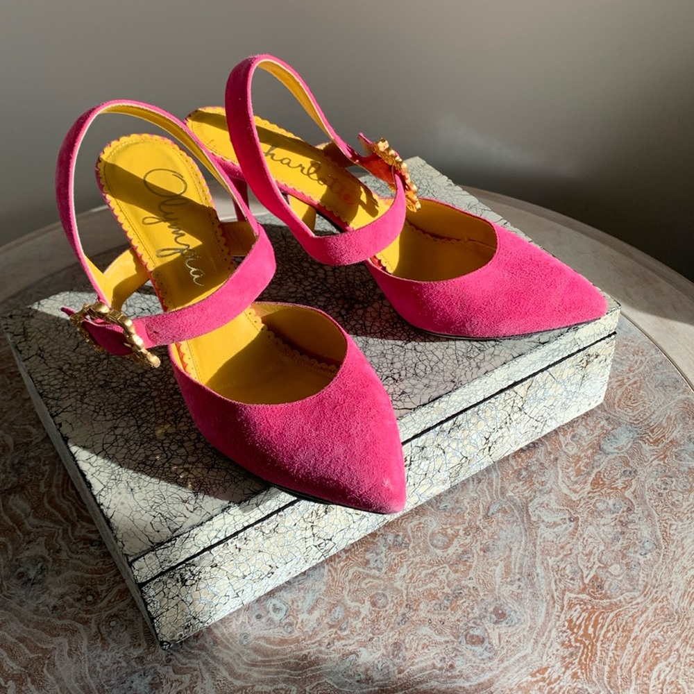 Charlotte Olympia pink suede heels